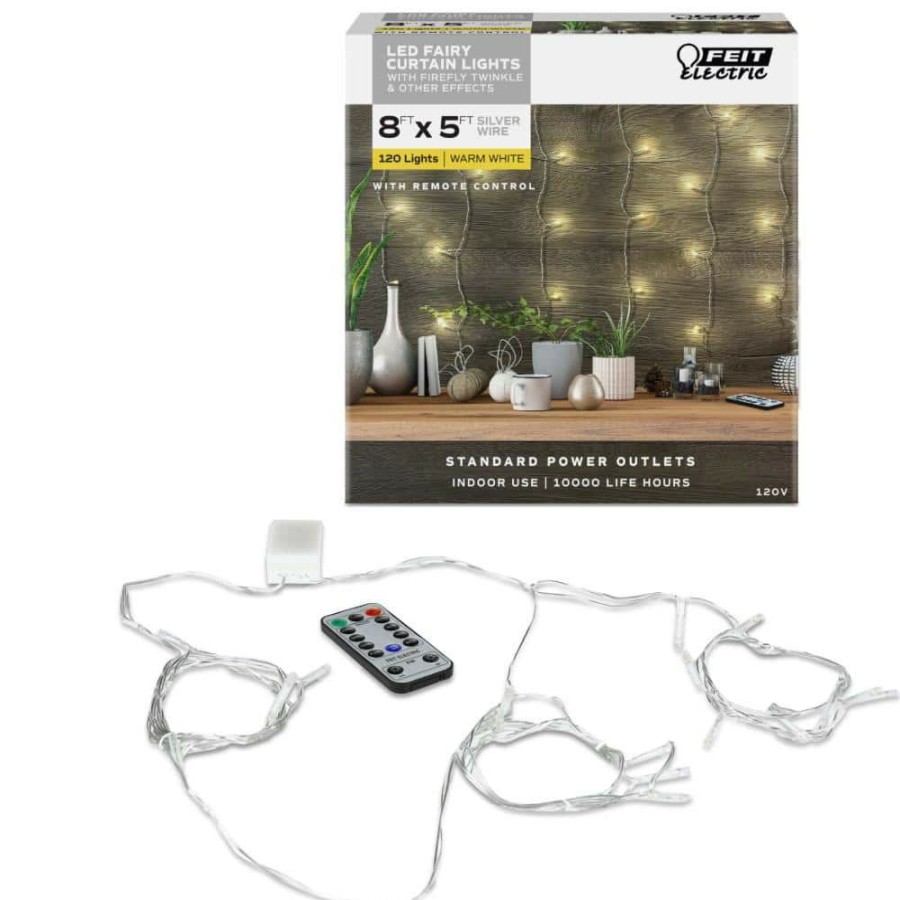 Outdoor Lighting * | 120-Light 8 Ft. Indoor Led Silver Wire Warm White Plug-In Curtain String Light With Remote By Feit Electric