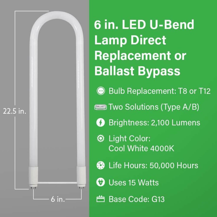 Light Bulbs * | 15-Watt 6 In. T8 G13 Type Ab Plug & Play And Ballast Bypass Linear U-Bend Led Tube Light Bulb, Cool White 4000K(12-Pack) By Feit Electric