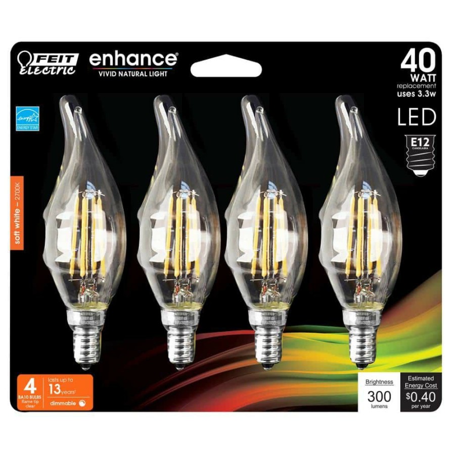 Light Bulbs * | 40-Watt Equivalent Ba10 E12 Candelabra Dimmable Filament Cec Clear Chandelier Led Light Bulb Soft White 2700K (4-Pack) By Feit Electric