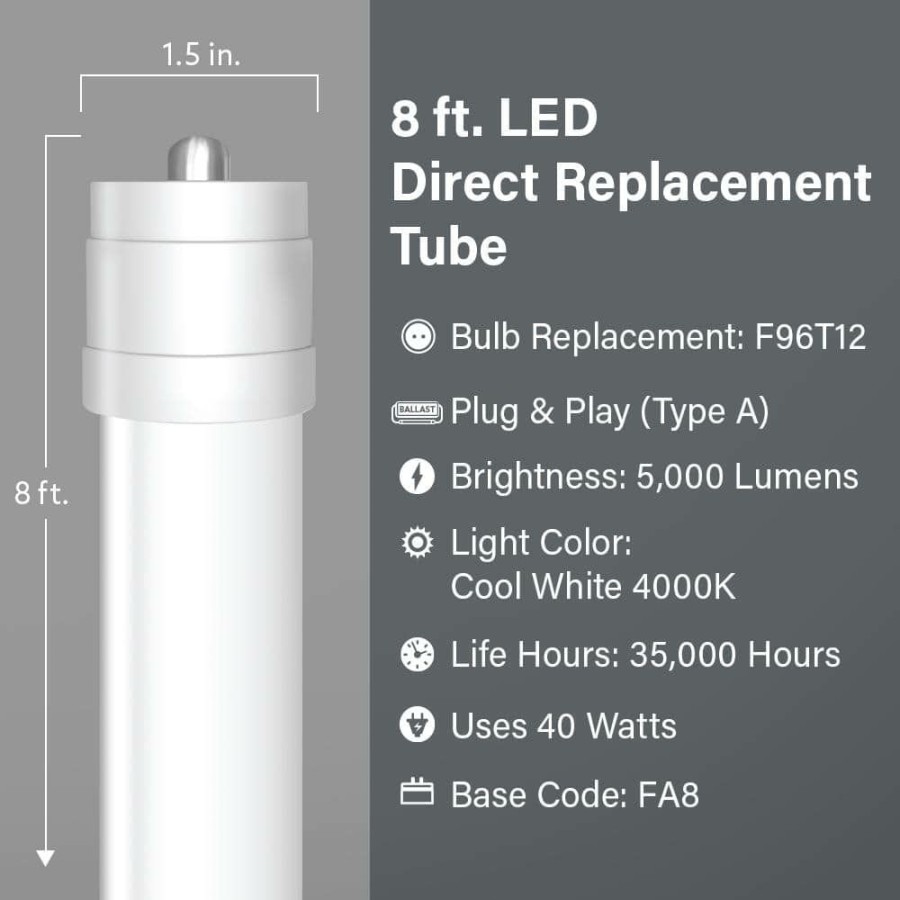 Light Bulbs * | 40-Watt 8 Ft. T12 Fa8 Single Pin Type A Plug And Play Linear Led Tube Light Bulb, Cool White 4000K (2-Pack) By Feit Electric