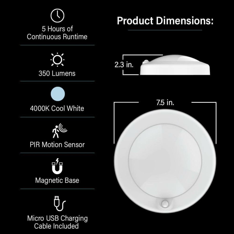 Cabinet Lights * | 7.5 In. White Motion Sensor 25-Wh Rechargeable Led Ceiling Fixture Light, 4000K Cool White By Feit Electric