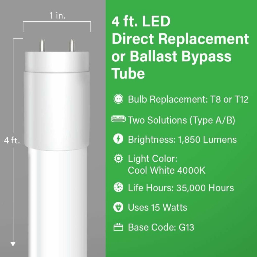 Light Bulbs * | 4 Ft. 15-W G13 Type Ab T8 Plug And Play Or T8/T12 Ballast Bypass Linear Led Tube Light Bulb, Cool White 4000K (10-Pack) By Feit Electric