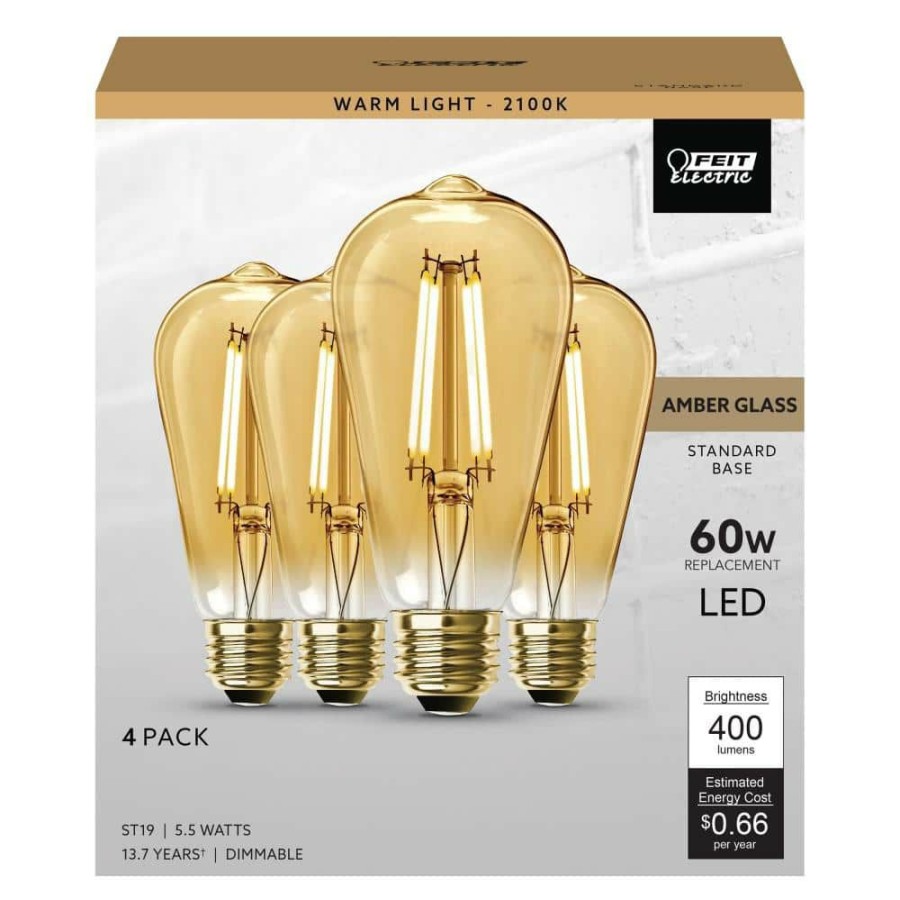 Light Bulbs * | 60W Equivalent St19 Dimmable Straight Filament Amber Glass Vintage Edison Led Light Bulb, Warm White (4-Pack) By Feit Electric