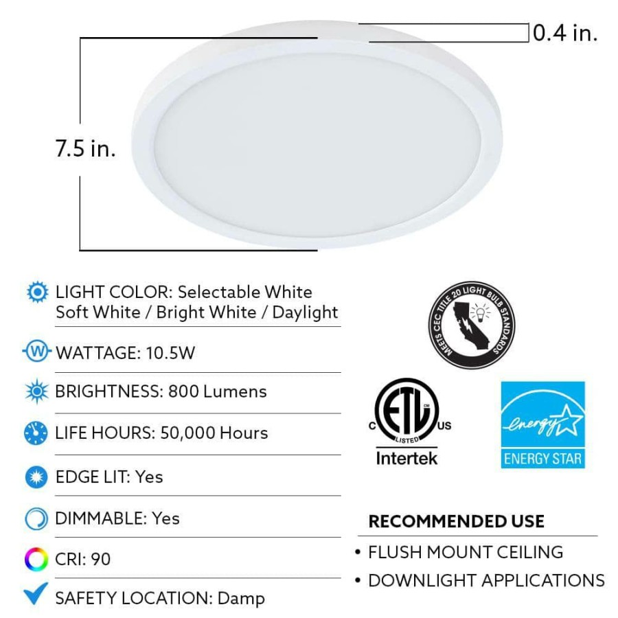 Commercial Lighting * | 7.5 In. 10.5-Watt Title 24 Dimmable White Integrated Led Round Flat Panel Ceiling Flush Mount With Color Change Cct By Feit Electric