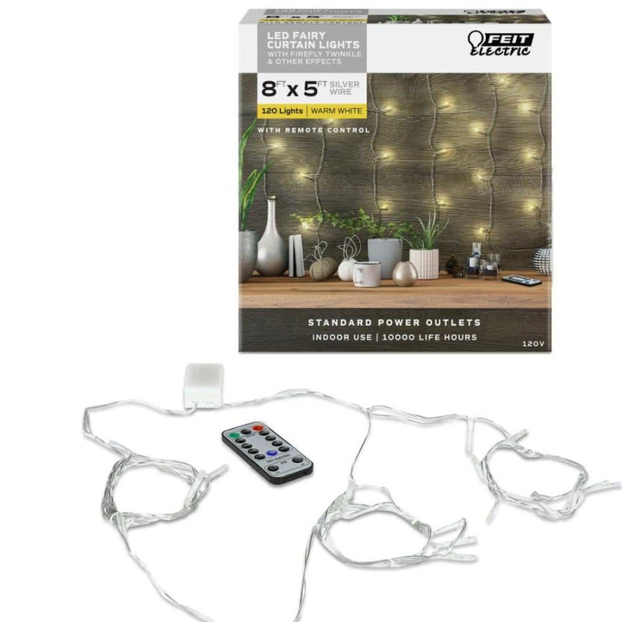 Outdoor Lighting * | 120-Light 8 Ft. Indoor Led Silver Wire Warm White Plug-In Curtain String Light With Remote (6-Pack) By Feit Electric