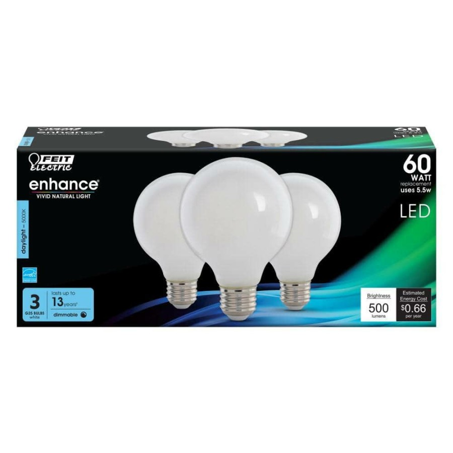 Light Bulbs * | 60-Watt Equivalent G25 Dimmable Filament Energy Star White Glass Led Light Bulb, Daylight (3-Pack) By Feit Electric