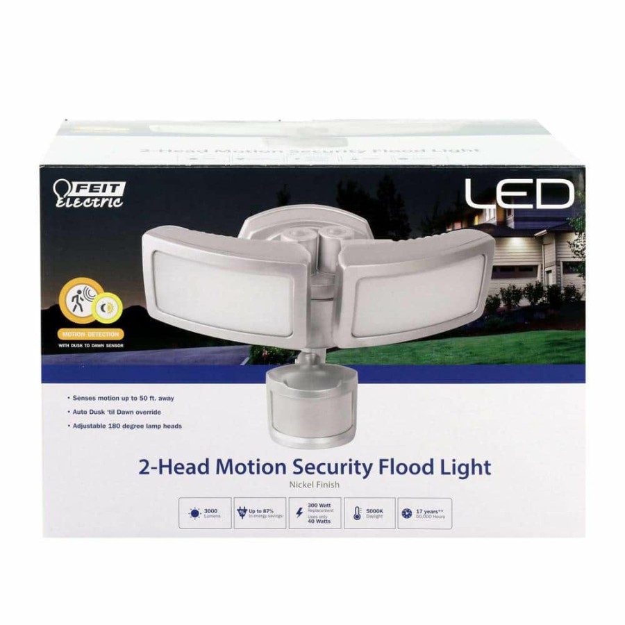 Outdoor Lighting * | 40-Watt Nickel Outdoor Security Dual Head Motion Detection And Dusk To Dawn Sensor Integrated Led Flood Light (4-Pack) By Feit Electric