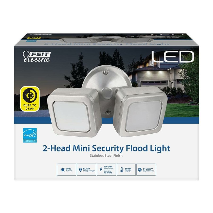 Outdoor Lighting * | 36-Watt Stainless Outdoor Security Mini Dual Head Dusk To Dawn Photocell Sensor Integrated Led Flood Light By Feit Electric