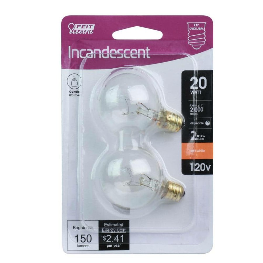 Light Bulbs * | 20-Watt Soft White (2700K) G12 1/2 Candelabra E12 Base Dimmable Incandescent Light Bulb (2-Pack) By Feit Electric