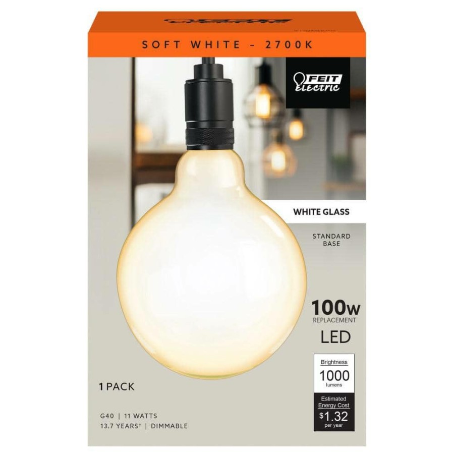 Light Bulbs * | 100-Watt Equivalent G40 Dimmable Straight Filament White Glass E26 Led Vintage Edison Light Bulb Soft White By Feit Electric