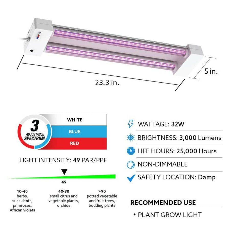 Commercial Lighting * | 2 Ft. 19-Watt White Led 3 Adjustable Spectrum Linkable Plant Grow Light Fixture White Adjustable Light By Feit Electric