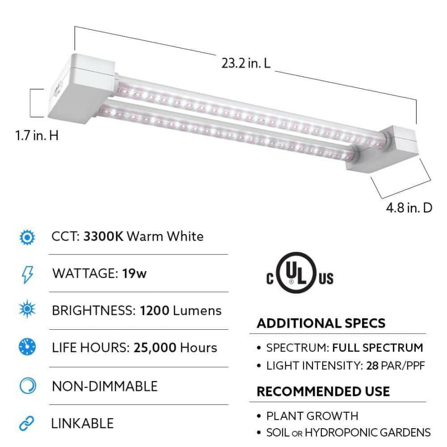 Commercial Lighting * | 2 Ft. 2-Light 19-Watt Full Spectrum Led Non-Dimmable Indoor Linkable Plant Grow White Light Fixture, Daylight By Feit Electric