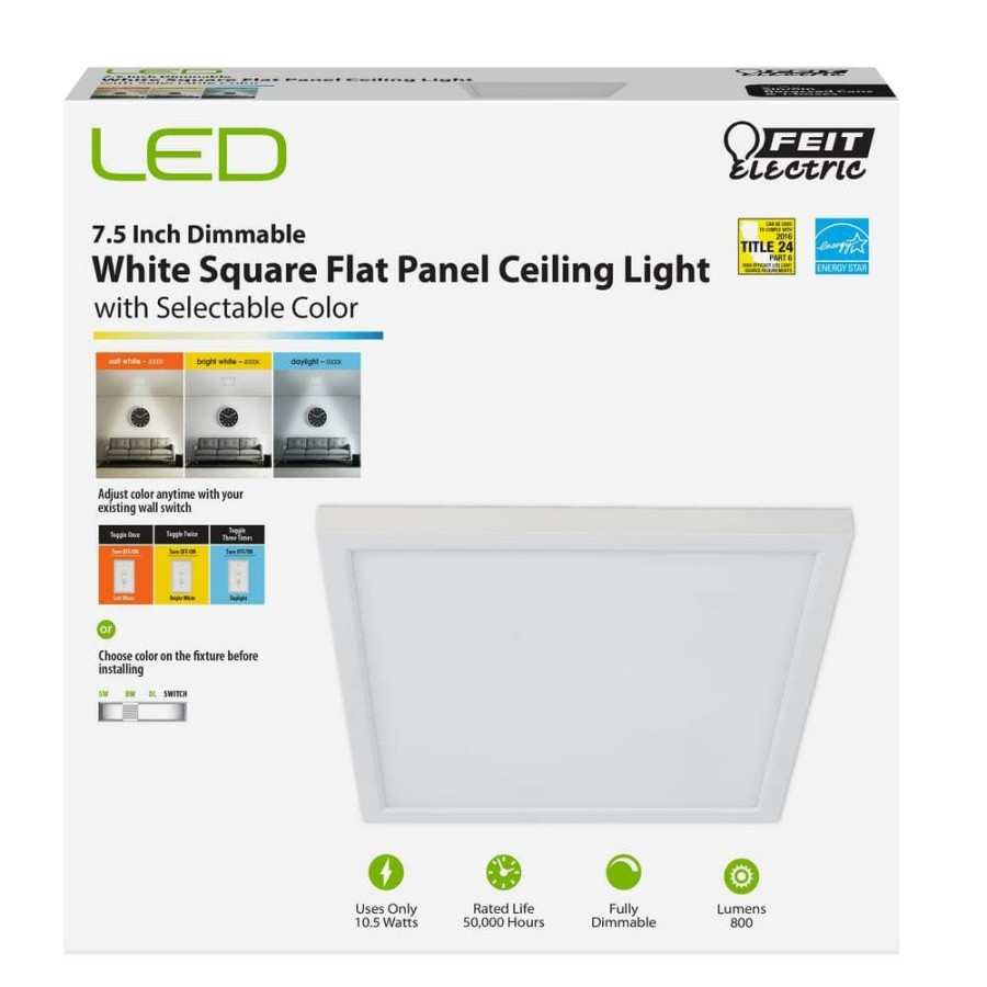 Commercial Lighting * | 7.5 In. 10.5-Watt Title 24 Dimmable White Integrated Led Square Flat Panel Ceiling Flush Mount With Color Change Cct By Feit Electric