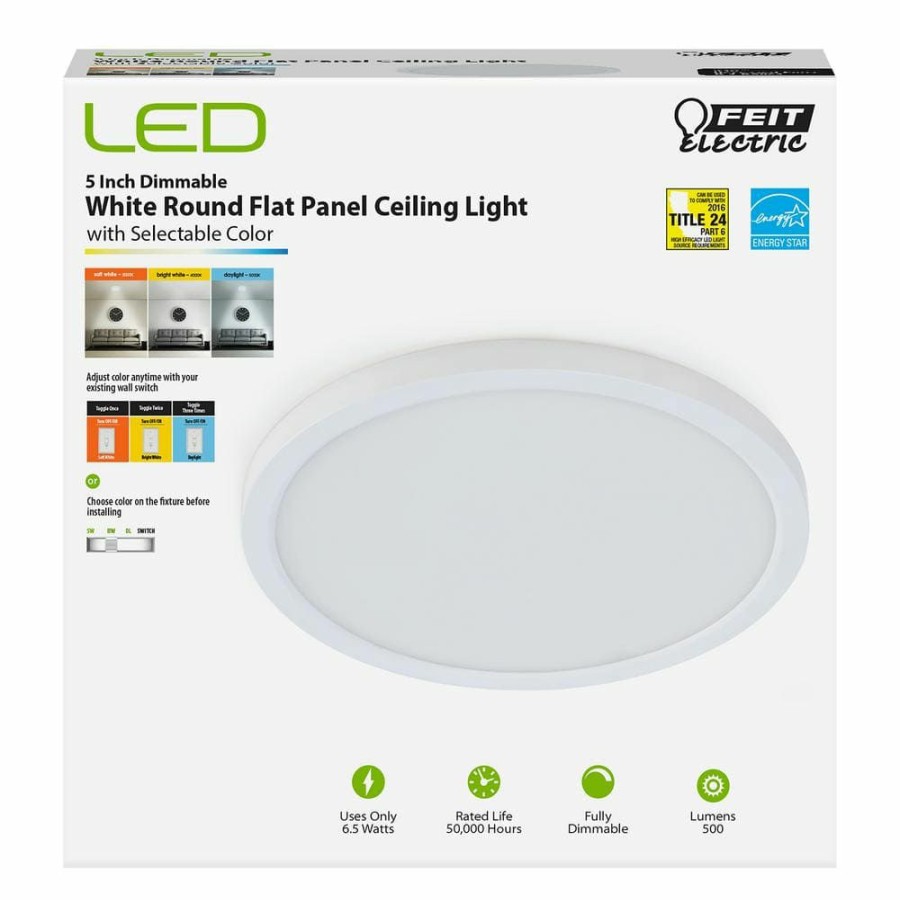 Commercial Lighting * | 5 In. 8-Watt Title 24 Dimmable White Integrated Led Round Flat Panel Ceiling Flush Mount With Color Change Cct By Feit Electric