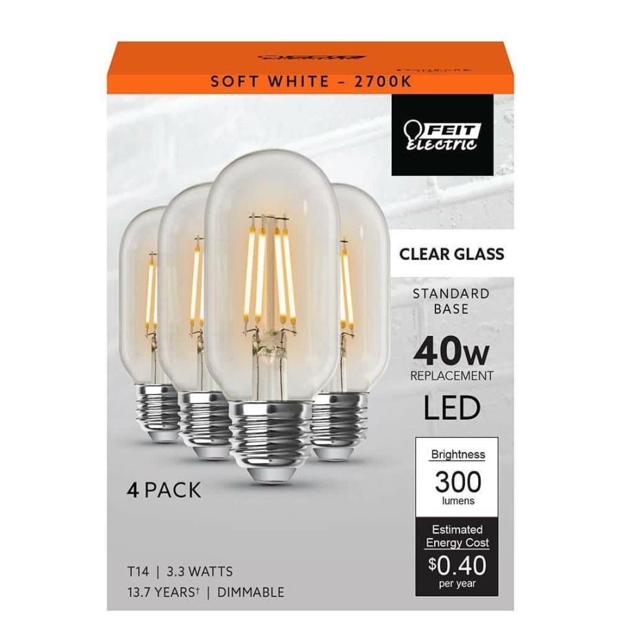 Light Bulbs * | 40-Watt Equivalent T14 Dimmable Straight Filament Clear Glass Vintage Edison Led Light Bulb, Soft White (4-Pack) By Feit Electric