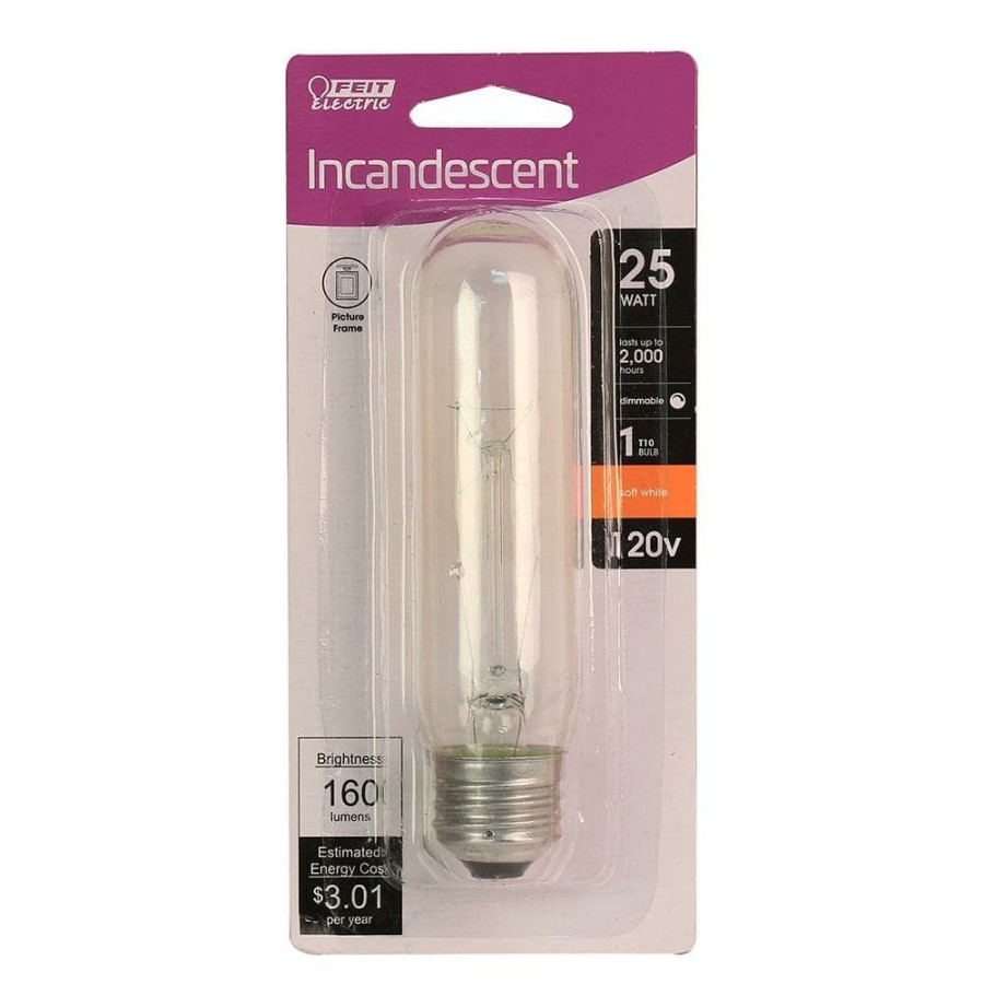 Light Bulbs * | 25-Watt Soft White (2700K) T10 Dimmable E26 Base Incandescent Light Bulb By Feit Electric