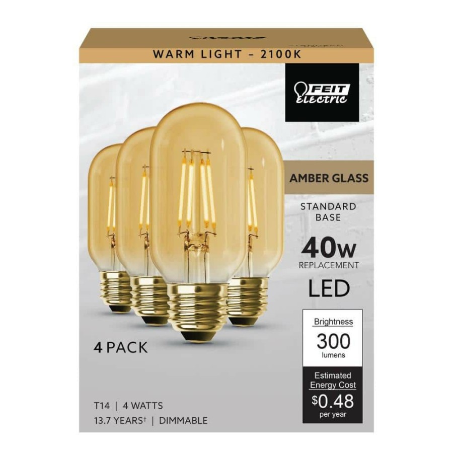 Light Bulbs * | 40-Watt Equivalent T14 Dimmable Straight Filament Amber Glass Vintage Edison Led Light Bulb, Warm White (4-Pack) By Feit Electric