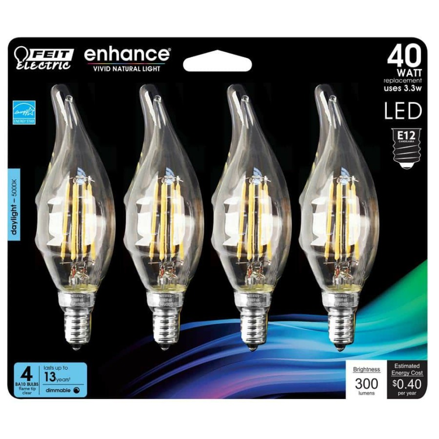 Light Bulbs * | 40-Watt Equivalent Ba10 E12 Candelabra Dimmable Filament Cec Clear Chandelier Led Light Bulb Daylight 5000K (4-Pack) By Feit Electric