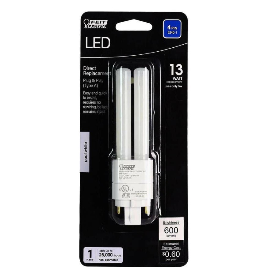 Light Bulbs * | 13-Watt Equivalent Pl Quad Tube Cflni 4-Pin Plugin G24Q-1 Base Cfl Replacement Led Light Bulb, Cool White 4100K (1-Bulb) By Feit Electric