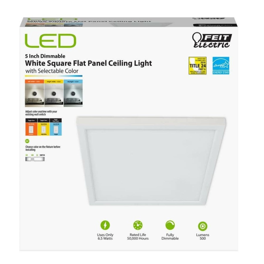 Commercial Lighting * | 5 In. 8-Watt Title 24 Dimmable White Integrated Led Square Flat Panel Ceiling Flush Mount With Color Change Cct By Feit Electric