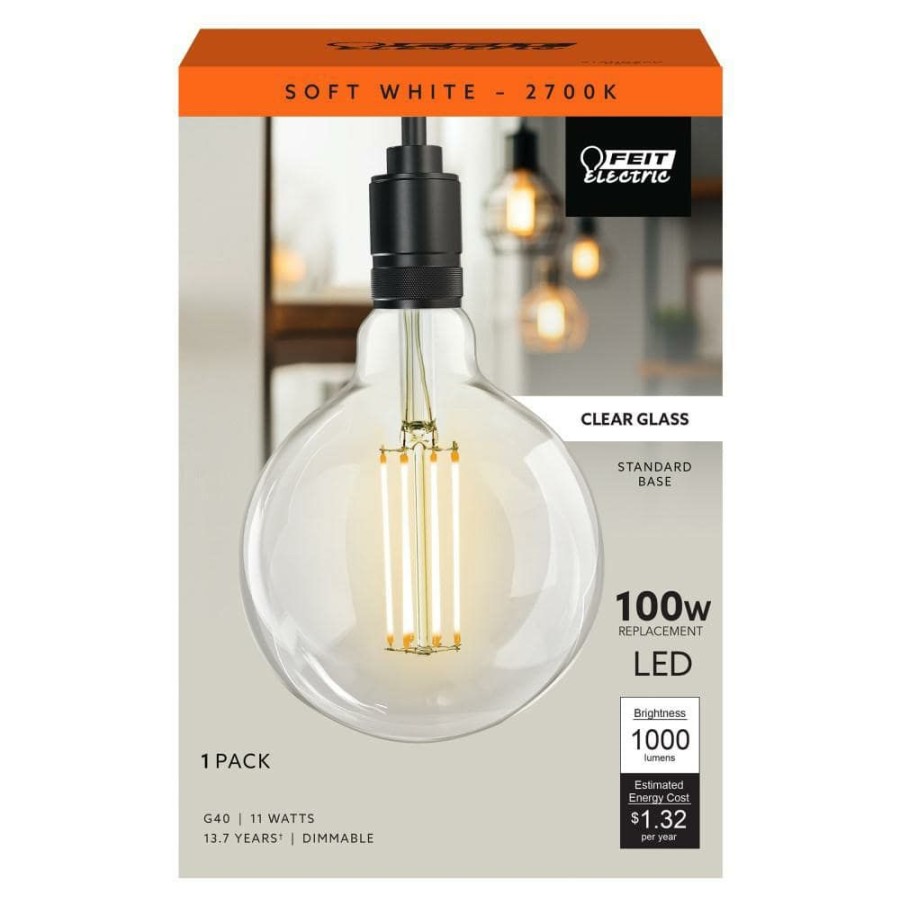 Light Bulbs * | 100-Watt Equivalent G40 Dimmable Straight Filament Clear Glass E26 Led Vintage Edison Light Bulb Soft White By Feit Electric