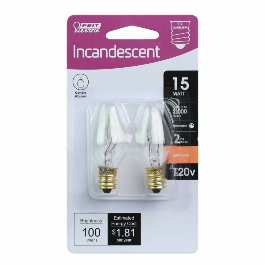 Light Bulbs * | 15-Watt C7 E12 Candelabra Base Dimmable Incandescent Candle Warmer Light Bulb Soft White 2700K (2-Pack) By Feit Electric