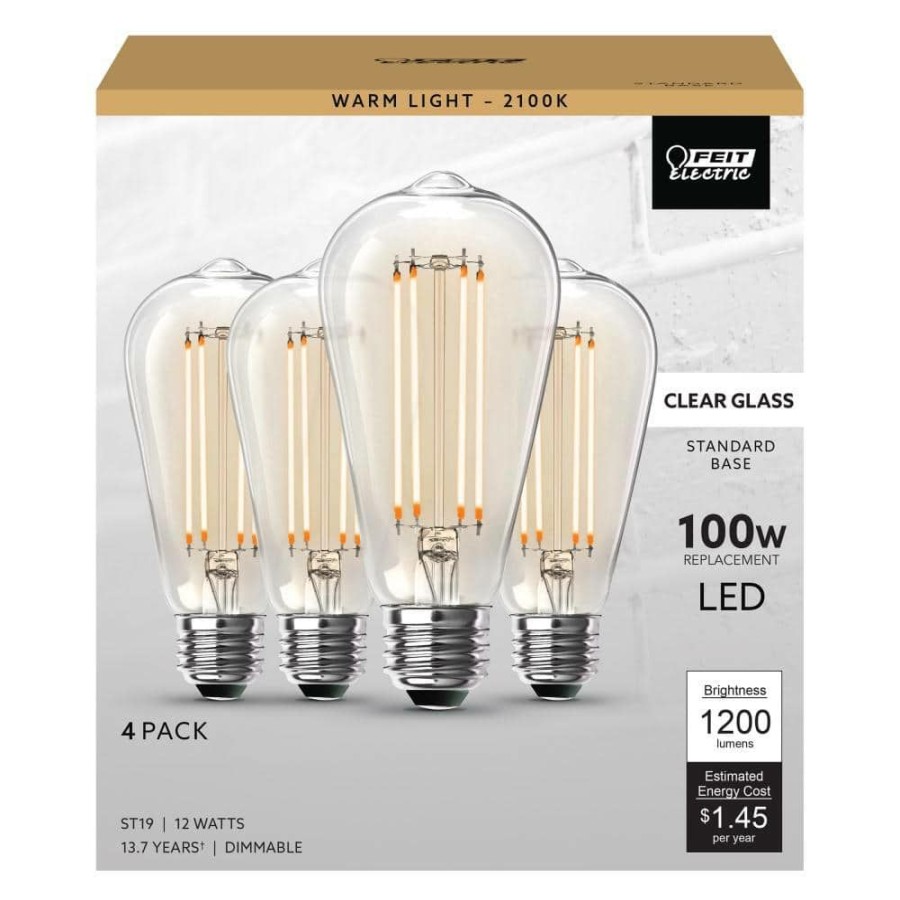 Light Bulbs * | 100-Watt Equivalent St19 Dimmable Straight Filament Clear Glass Vintage Edison Led Light Bulb, Warm White (4-Pack) By Feit Electric