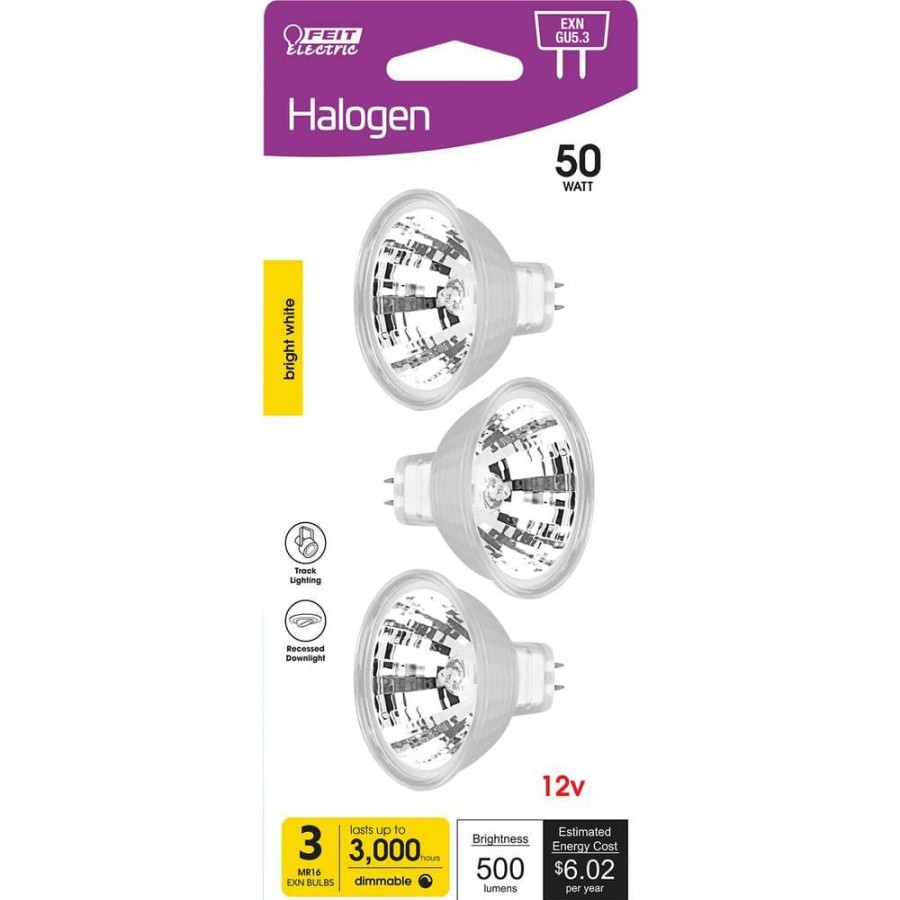 Light Bulbs * | 50-Watt Mr16 Gu5.3 Bi-Pin Dimmable 12-Volt Halogen Light Bulb, Bright White (3-Pack) By Feit Electric