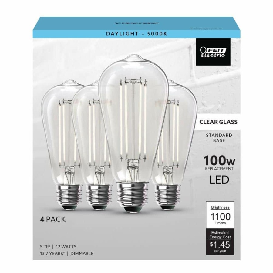 Light Bulbs * | 100-Watt Equivalent St19 Dimmable Straight Filament Clear Glass Vintage Edison Led Light Bulb, Daylight (4-Pack) By Feit Electric