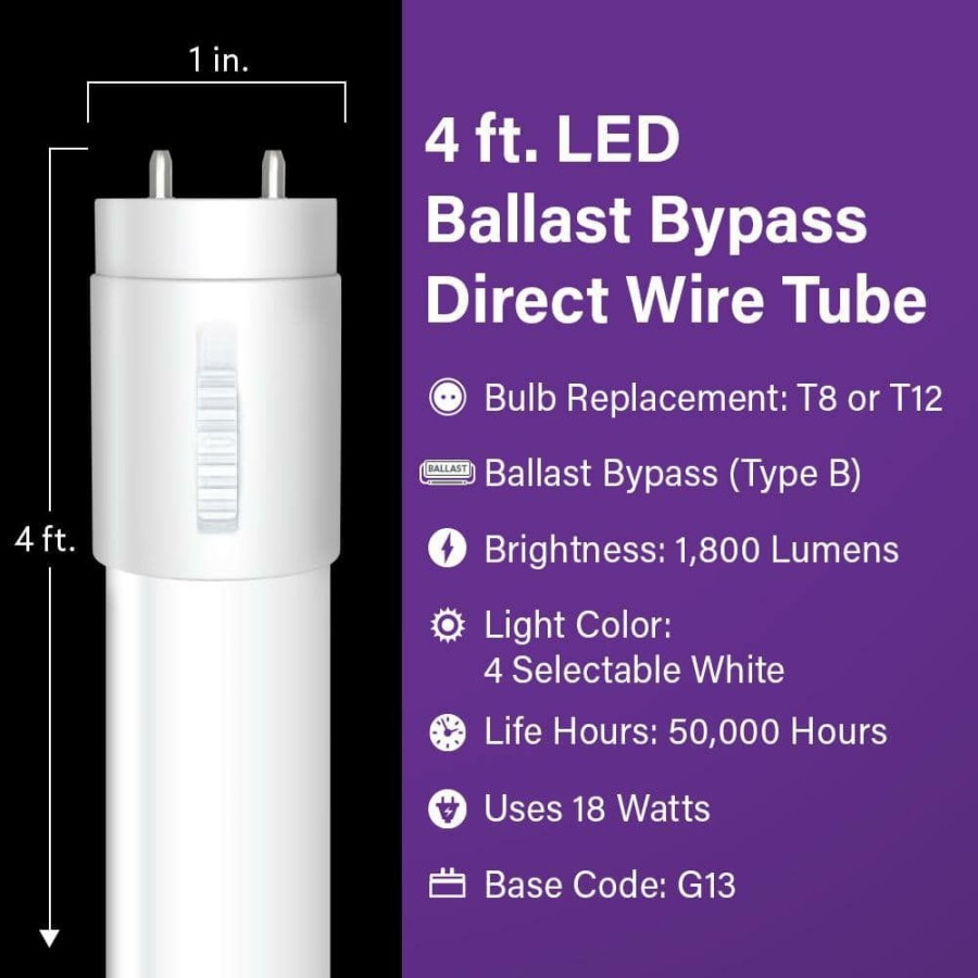 Light Bulbs * | 18-Watt 4 Ft. T8/T12 G13 Type B Ballast Bypass Linear Led Tube Light Bulb, Tunable White (10-Pack) By Feit Electric