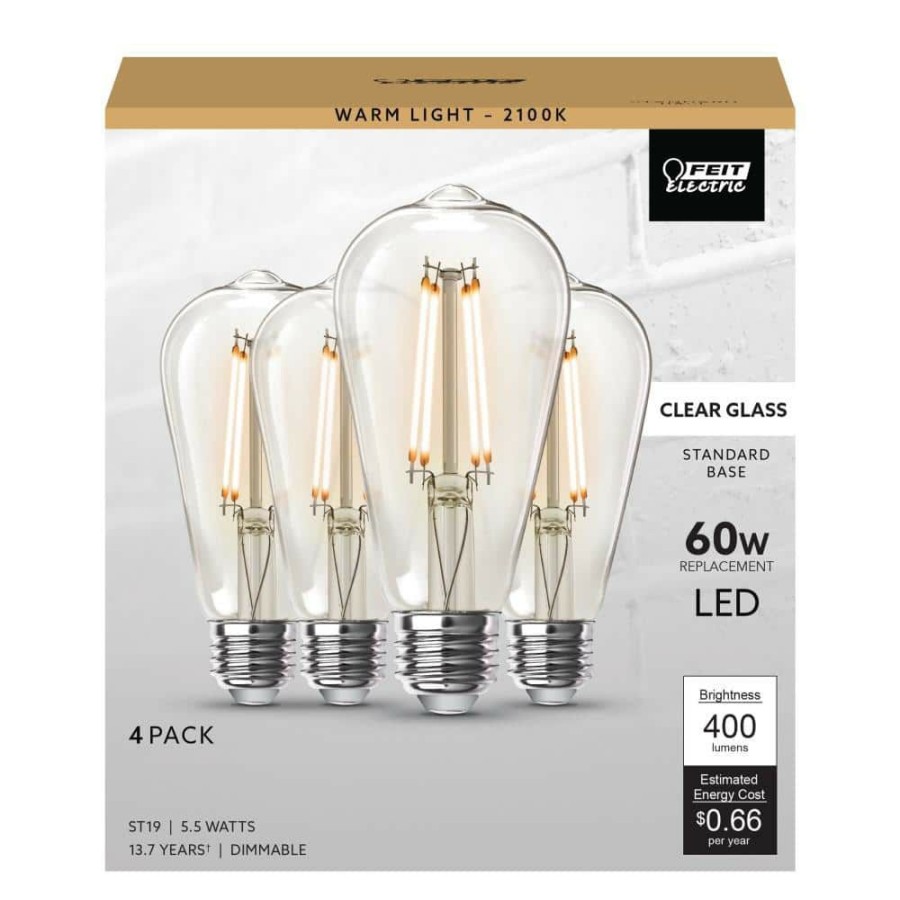 Light Bulbs * | 60-Watt Equivalent St19 Dimmable Straight Filament Clear Glass Vintage Edison Led Light Bulb, Warm White (4-Pack) By Feit Electric