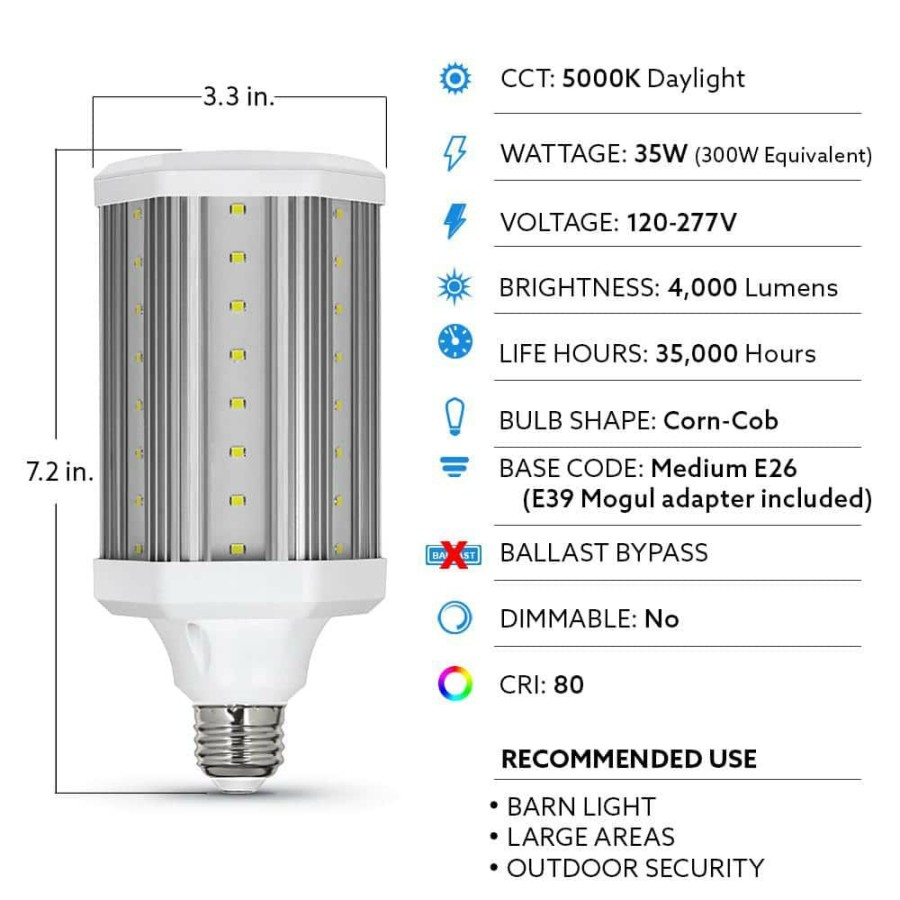 Light Bulbs * | 300-Watt Equivalent Corn Cob High Lumen Daylight (5000K) Hid Utility Led Light Bulb (1-Bulb) By Feit Electric