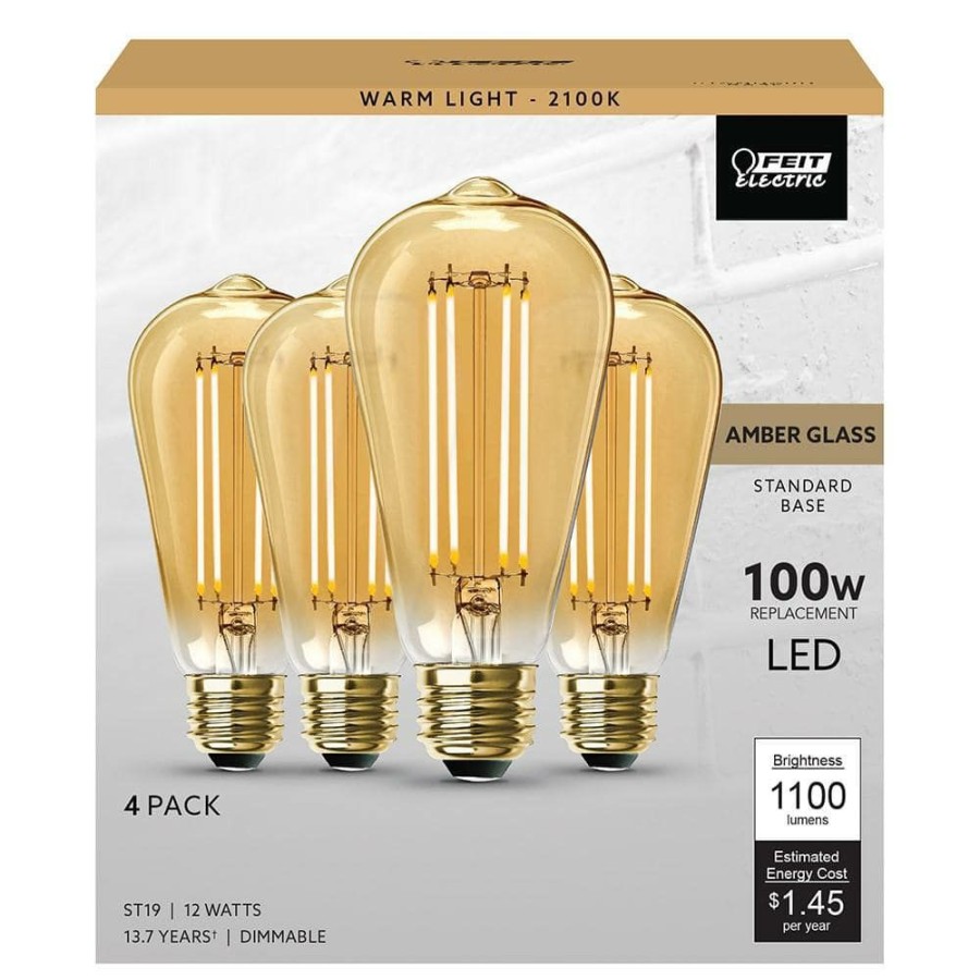 Light Bulbs * | 100-Watt Equivalent St19 Dimmable Straight Filament Amber Glass Vintage Edison Led Light Bulb, Warm White (4-Pack) By Feit Electric