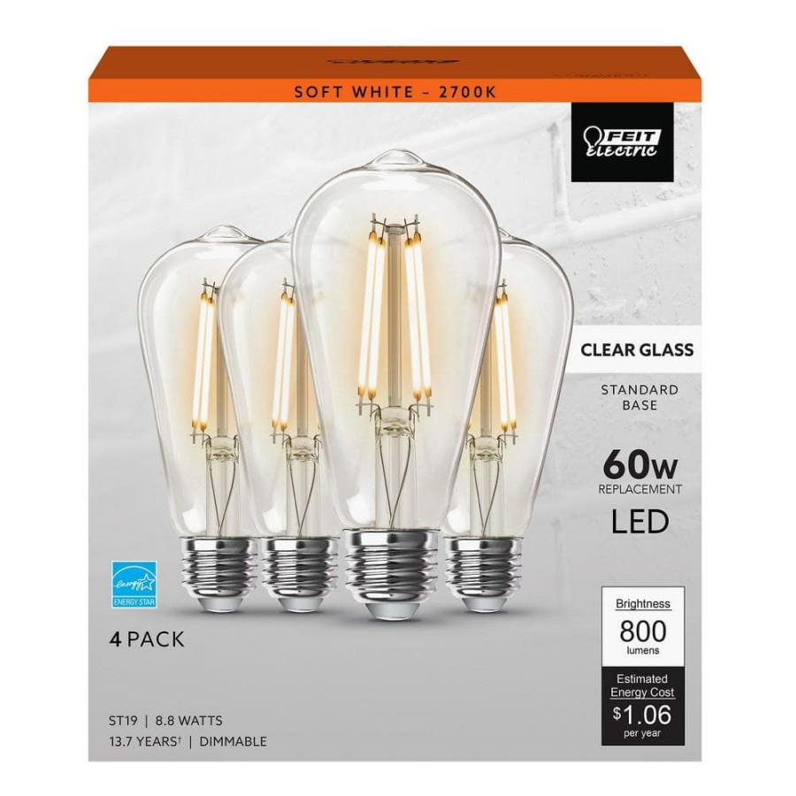 Light Bulbs * | 60-Watt Equivalent St19 Dimmable Straight Filament Clear Glass Vintage Edison Led Light Bulb, Soft White (4-Pack) By Feit Electric