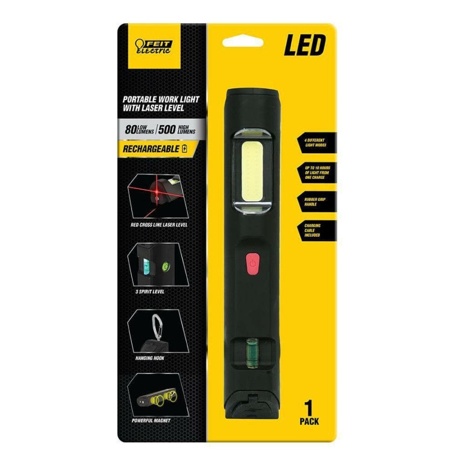 Commercial Lighting * | 80/500 Lumens Led Rechargeable Handheld Work Light With Laser Level By Feit Electric