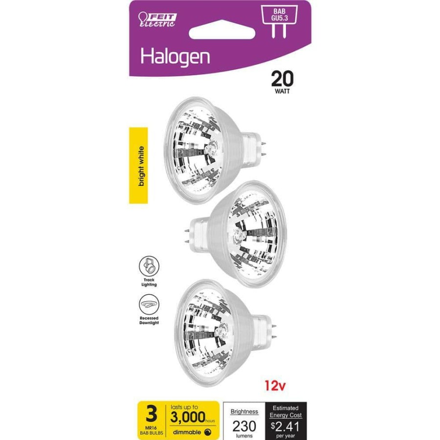 Light Bulbs * | 20-Watt Mr16 Gu5.3 12-Volt Bi-Pin Base Dimmable Halogen Light Bulb Bright White (2800K) (3-Pack) By Feit Electric