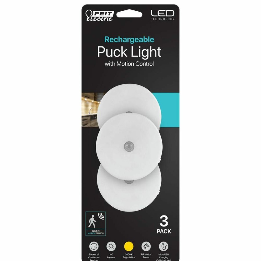 Cabinet Lights * | White Rechargeable Under Cabinet Motion Sensor Led Puck Light, 3000K Bright White (3-Pack) By Feit Electric