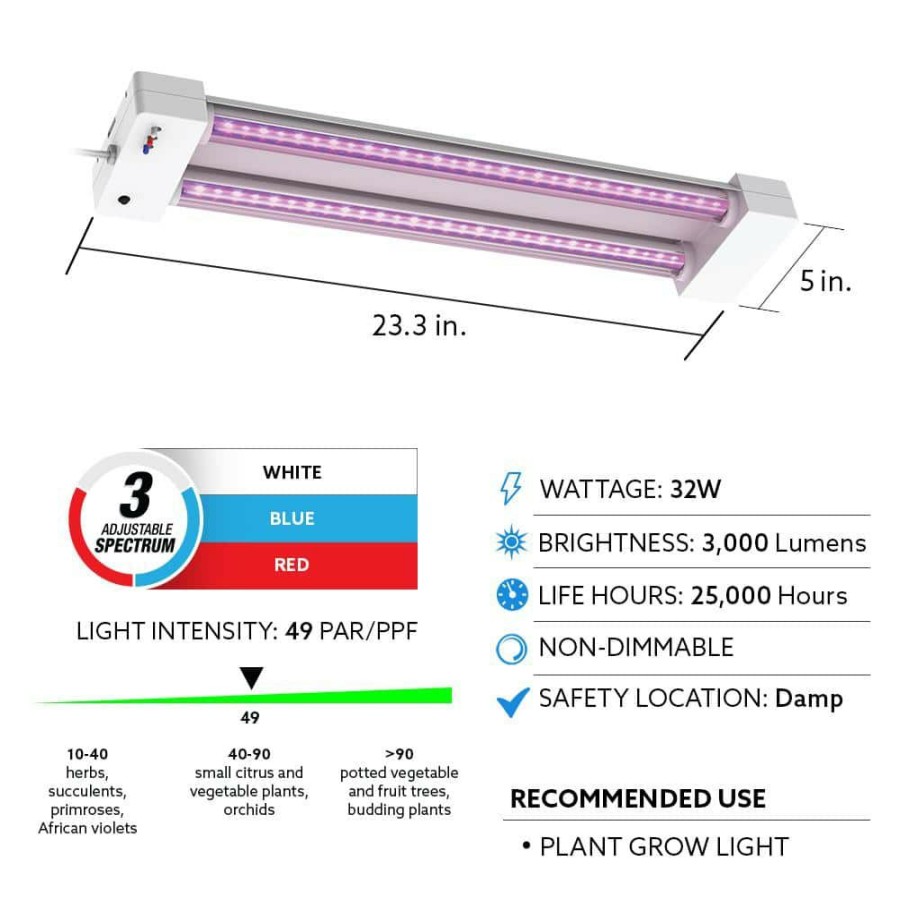 Garden Center * | 2 Ft. 32-Watt White Led 3 Adjustable Spectrum Linkable Plant Grow Light Fixture By Feit Electric