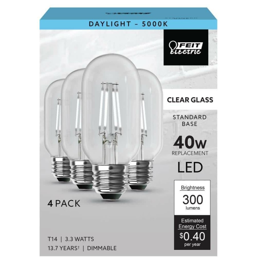 Light Bulbs * | 40-Watt Equivalent T14 Dimmable Straight Filament Clear Glass Vintage Edison Led Light Bulb, Daylight (4-Pack) By Feit Electric