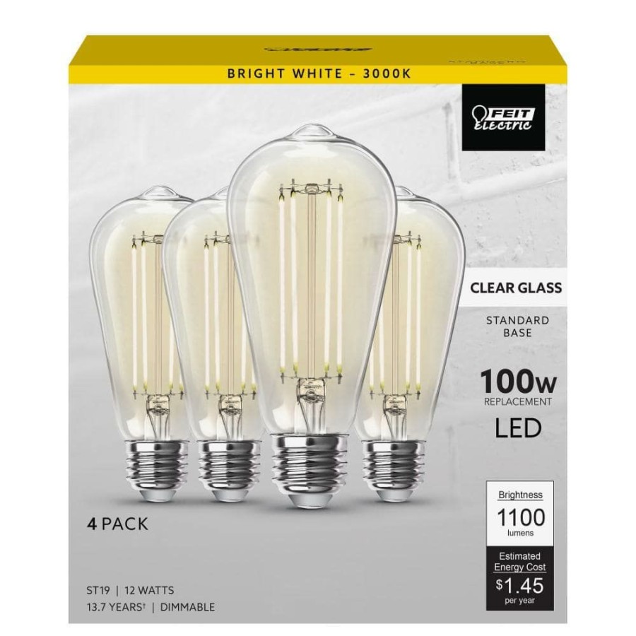 Light Bulbs * | 100-Watt Equivalent St19 Dimmable Straight Filament Clear Glass Vintage Edison Led Light Bulb, Bright White (4-Pack) By Feit Electric