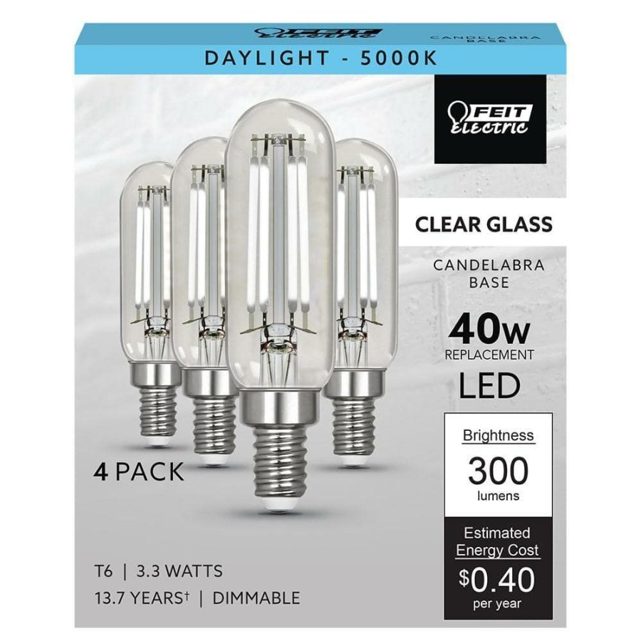 Light Bulbs * | 40-Watt Equivalent T6 Dimmable Straight Filament Clear Glass E12 Candelabra Vintage Led Light Bulb, Daylight (4-Pack) By Feit Electric