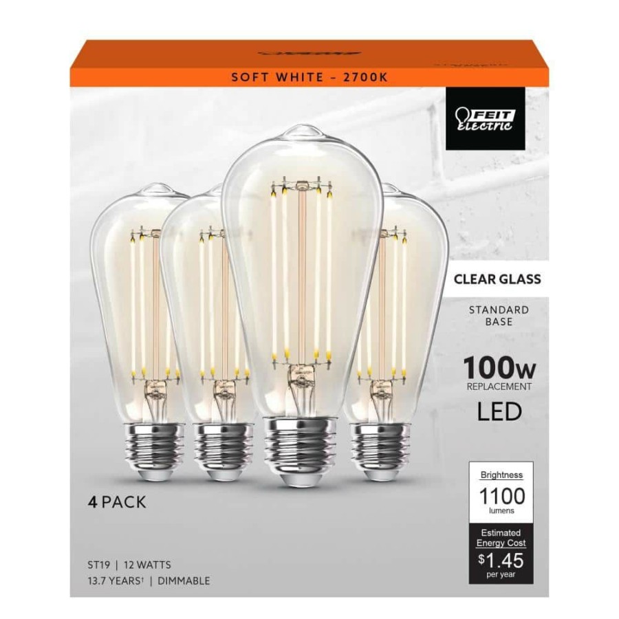 Light Bulbs * | 100-Watt Equivalent St19 Dimmable Straight Filament Clear Glass Vintage Edison Led Light Bulb, Soft White (4-Pack) By Feit Electric